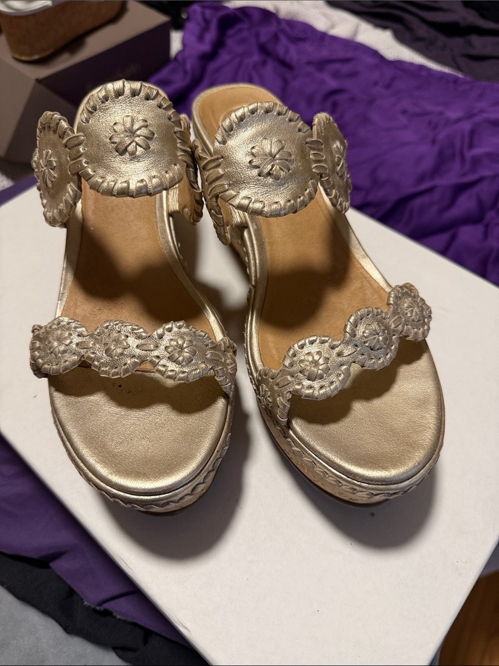 Jack Rogers Gold Leather Wedge Sandals with Scalloped Medallions